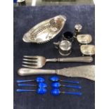HALLMARKED SILVER TO INCLUDE AN OVAL PIERCED DISH,VARIOUS CRUETS, A PAIR OF VICTORIAN SERVERS WITH