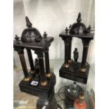 A PAIR OF 19th C. SPELTER AND BLACK SLATE CUPOLAS. EACH OVER SINGLE CLASSICAL FIGURES