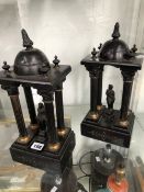 A PAIR OF 19th C. SPELTER AND BLACK SLATE CUPOLAS. EACH OVER SINGLE CLASSICAL FIGURES