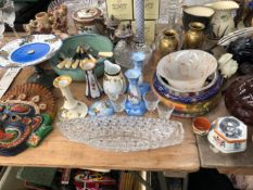 STAFFORDSHIRE FIGURES, COTTAGE TEA WARES, AVON AFTER SHAVE BOTTLES, A BUUBLED GLASS WEIGHT, GARUDA