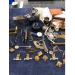 COLLECTABLES TO INCLUDE A HALLMARKED SILVER FORK AND SPOON SET CASES, VARIOUS ANTIQUE BRASS LETTER
