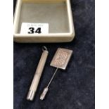 A HALLMARKED SILVER TOOTHPICK WITH A 9ct GOLD PICK, TOGETHER WITH A WOVEN SILVER STICK PIN. GROSS
