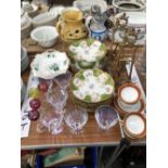A LIMOGES DESSERT SET, A RIDGWAY DISH TOGETHER WITH COLOURED AND LUSTROUS DRINKING GLASS, TWO