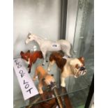 A BESWICK DAPPLE GREY HORSE, A FOX AND TWO POTTERY BULLDOG FIGURES