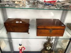 A 19th C. ROSEWOOD SARCOPHAGUS TEA CADDY TOGETHER WITH A MAHOGANY WRITING SLOPE