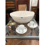 POSTAL SCALES, MEISSEN COFFEE CANS AND SAUCERS AND A MIXING BOWL