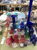 COLOURED GLASS WARE, TO INCLUDE CRANBERRY GLASS, BRISTOL BLUE, PAPERWEIGHTS AND POISON PHARMACY