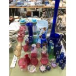 COLOURED GLASS WARE, TO INCLUDE CRANBERRY GLASS, BRISTOL BLUE, PAPERWEIGHTS AND POISON PHARMACY