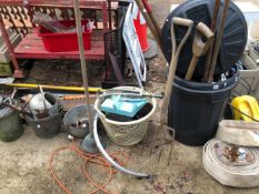 A QUANTITY OF TOOLS, GALVANIZED BUCKETS, A STRIMMER, ETC.