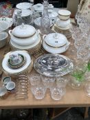 DOULTON CLARENDON PATTERN DINNER WARES, DRINKING GLASS, DECANTERS, ELECTROPLATE TOAST RACKS AND A
