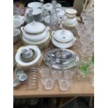 DOULTON CLARENDON PATTERN DINNER WARES, DRINKING GLASS, DECANTERS, ELECTROPLATE TOAST RACKS AND A