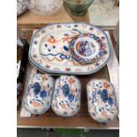 TWO MASONS IRONSTONE PLATTERS, THREE SAUCE TUREENS AND TWO PLATES