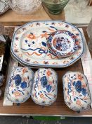 TWO MASONS IRONSTONE PLATTERS, THREE SAUCE TUREENS AND TWO PLATES