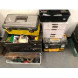 A DEWALT TOOL BOX, A QUANTITY OF ELECTRICAL AND OTHER FIXINGS ETC.