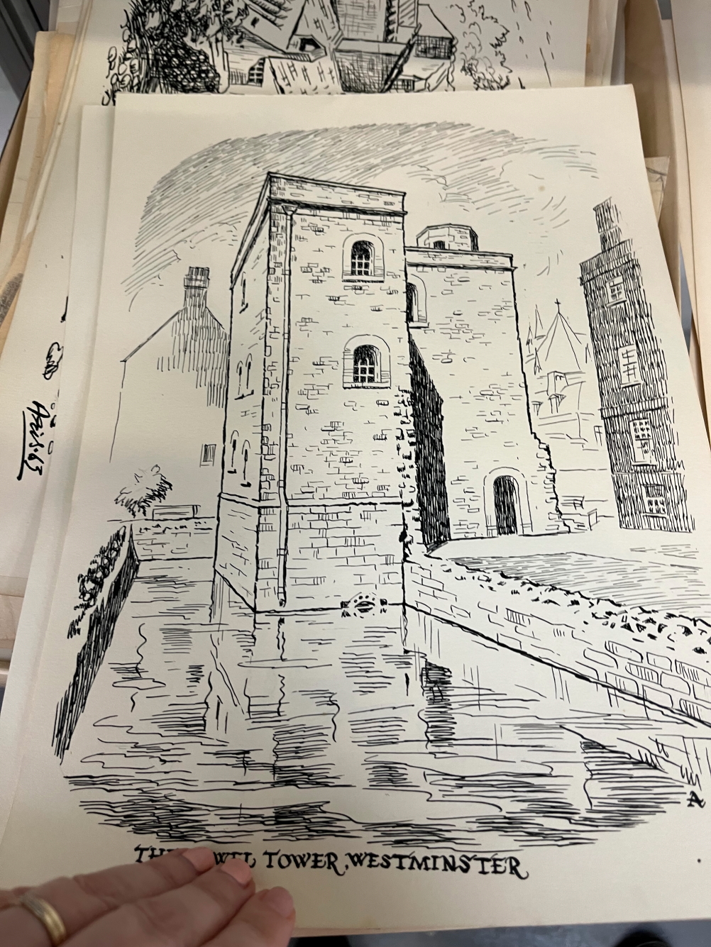 A COLLECTION OF 1960S INK CARACATURES, SKETCHES AND VIEWS, MOSTLY SIGNED ARIS - Image 13 of 35