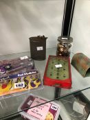 MILTARY BADGES AND BUTTONS, A POCKET PIN BOARD GAME, A BAD MEDICINE TOY CAR, ETC.