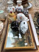 FOUR CERAMIC PIGGY BANKS, A PAIR OF VASES TOGETHER WITH PRINTS ETC.