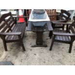 A HARDWOOD PATIO TABLE AND CHAIRS.