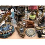TABLE LAMPS, CUTLERY, SPIRIT DECANTERS, A TIFFANY STYLE LIGHT SHADE, A PAIR OF MIRRORS, ETC.