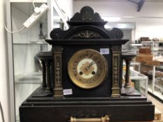 A BLACK SLATE CLOCK, THE DIAL SIGNED PYKE