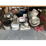 KITCHEN STORAGE TINS, PIE MOULDS, SCALES, LIGHT SHADES, ETC