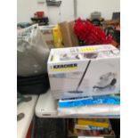A KARCHER STEAM CLEANER A BLIND SPOT MIRROR A SET OF SCALES VARIOUS TOOLS INCLUDING AXLE STANDS,