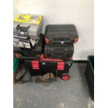 A LARGE TROLLEY TOOL BOX AND CONTENTS, VARIOUS POWER TOOLS INCLUDING DEWALT, POWER CRAFT, BLACK
