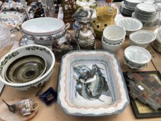 A STUDIO POTTERY DISH, JELLY MOULDS, JUGS, A PANEL OF POTTERY CAMEOS, A CHINESE COFFEE CUP, ETC.