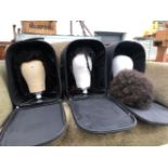 A COLLECTION OF NINE FILM COSTUME WIGS ON WIG STANDS WITH CARRY BAGS TOGETHER WITH FIVE FURTHER