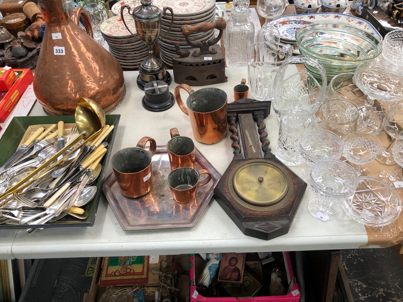 COPPER SPIRIT MEASURES, ELECTROPLATE CUTLERY, A TWO HANDLED TROPHY, DRINKING AND OTHER GLASS