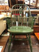 A VINTAGE PAINTED WINDSOR BACK ARMCHAIR.