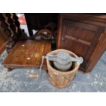 A VINTAGE CHURN, AN OAK CORNER CABINET AND SMALL LOW TABLE.