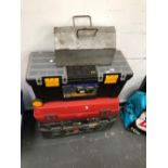 THREE LARGE TOOL BOXES AND CONTENTS AND A VINTAGE TIN TOOLBOX.