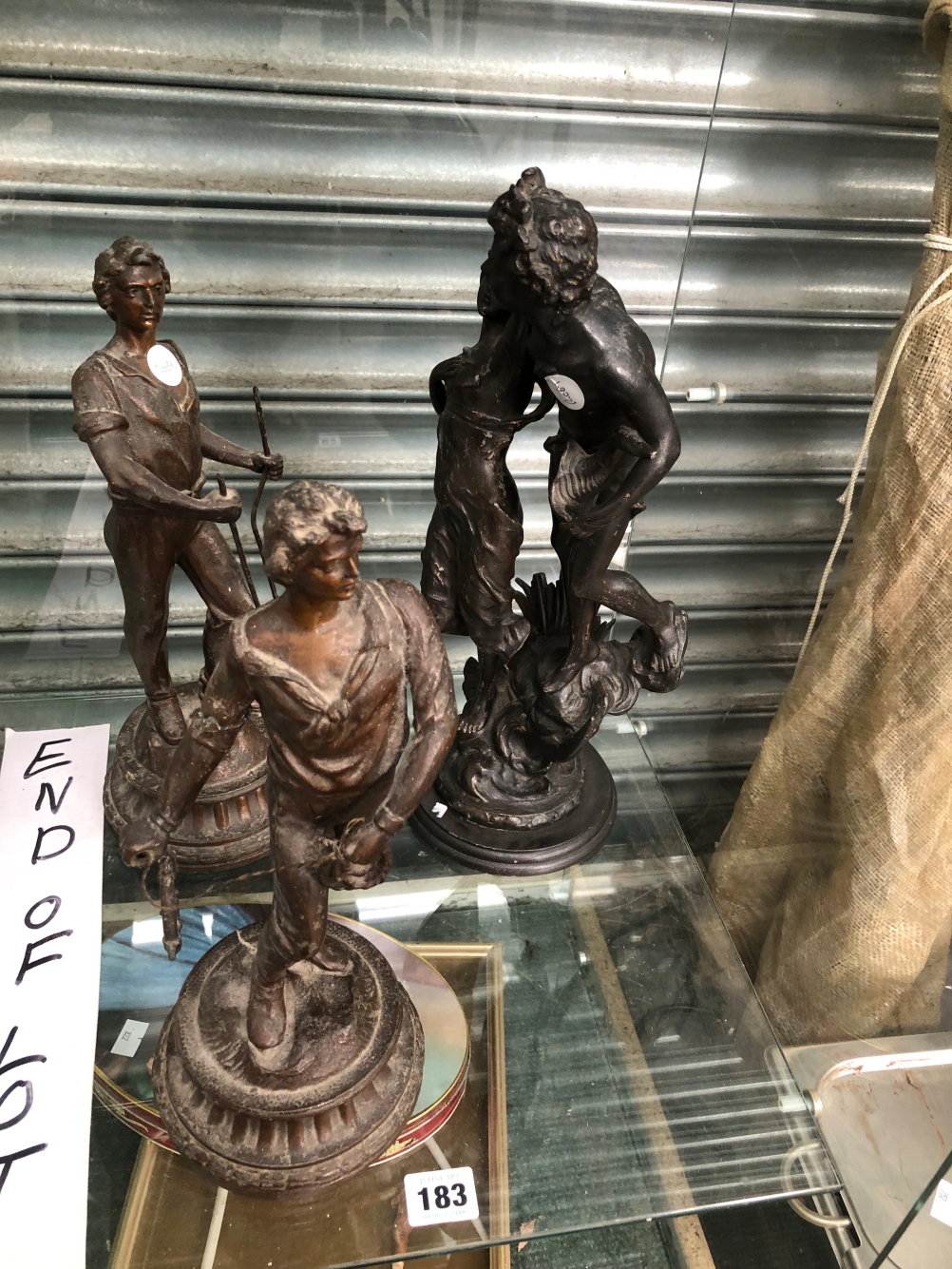 A PAIR OF SPELTER ARTISAN FIGURES TOGETHER WITH A SPELTER COUPLE OF CLASSICAL DEITIES