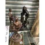 A PAIR OF SPELTER ARTISAN FIGURES TOGETHER WITH A SPELTER COUPLE OF CLASSICAL DEITIES