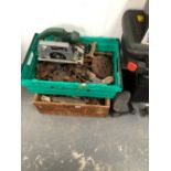A BOSCH CIRCULAR SAW AND TWO CRATES OF VINTAGE TOOLS AND METAL WARES.