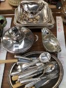 ELECTROPLATE VEGETABLE TUREEN, CUTLERY , A SAUCE BOAT AND A SUGAR BASKET