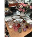PORTMEIRION BOTANICAL SERVING DISHES, GLASS NIGHTLIGHT HOLDERS TOGETHER WITH A JUG OF ARTIFICIAL