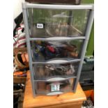 A PINE THREE DRAWER CHEST CONTAINING TOOLS AND A FURTHER PLASTIC FOUR DRAWER CHEST.