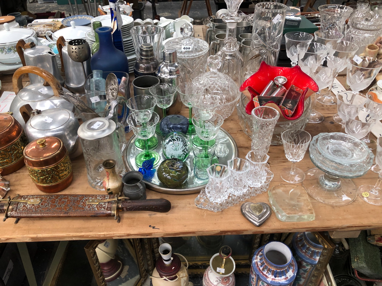 DRINKING GLASS, A DECANTER, OTHER GLASS WARE, TWO COCKTAIL SHAKERS, A PICQUOT WARE 4 PIECE TEA AND