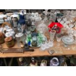 DRINKING GLASS, A DECANTER, OTHER GLASS WARE, TWO COCKTAIL SHAKERS, A PICQUOT WARE 4 PIECE TEA AND