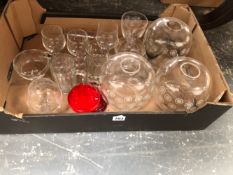A BOX OF VINTAGE GLASS WARES