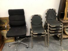 A SET OF SIX RETRO METAL FRAMED SIDE CHAIRS, A PAIR OF CHROME FRAMED CHAIRS AND A OFFICE CHAIR.(9)