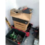 A LARGE COLLECTION OF TOOLS AND MOTOR VEHICLE PARTS, WORKSHOP MANUALS, A WELDING GAS REGULATOR, ETC.