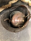 AN ANTIQUE COPPER COAL SCUTTLE AND KETTLE