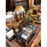 A PLASTER MODEL OF A BOY AND DOG, A CANDLESTICK TELEPHONE, TWO ELECTRONIC KEY BOARDS, A HOT WHEELS