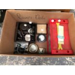 A COLLECTION OF BAKELITE FITTINGS, ELECTRICAL METERS, TRANSISTORS ETC.