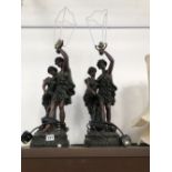TWO SIMILAR SPELTER CLASSICAL COUPLES STANDING AS TABLE LAMPS WITH SHADES