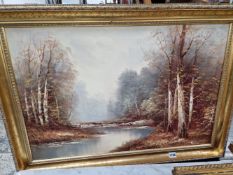 OIL PAINTING OF A WOODED RIVER SCAPE