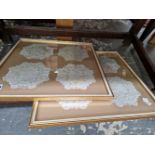 TWO FRAMED GROUPS OF HAND SEWN PLACE MATS